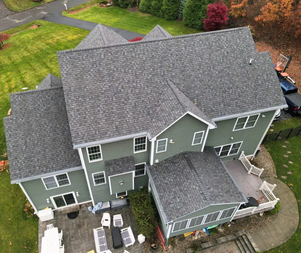 New gray shingle roof on a Connecticut home, aerial view