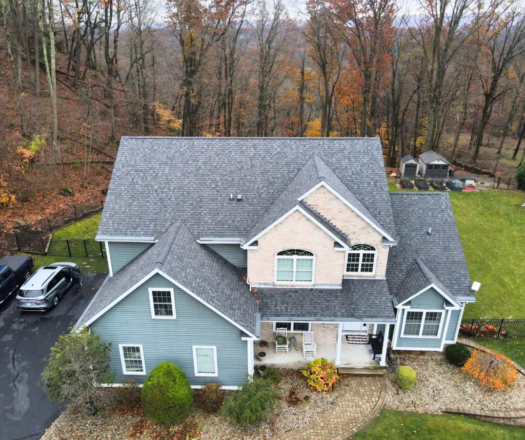 Finished roof replacement on a Connecticut colonial, aerial view